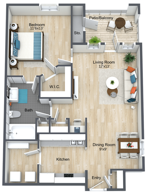 A floor plan of an apartment with a living room, dining room, kitchen, bath, and bedroom.